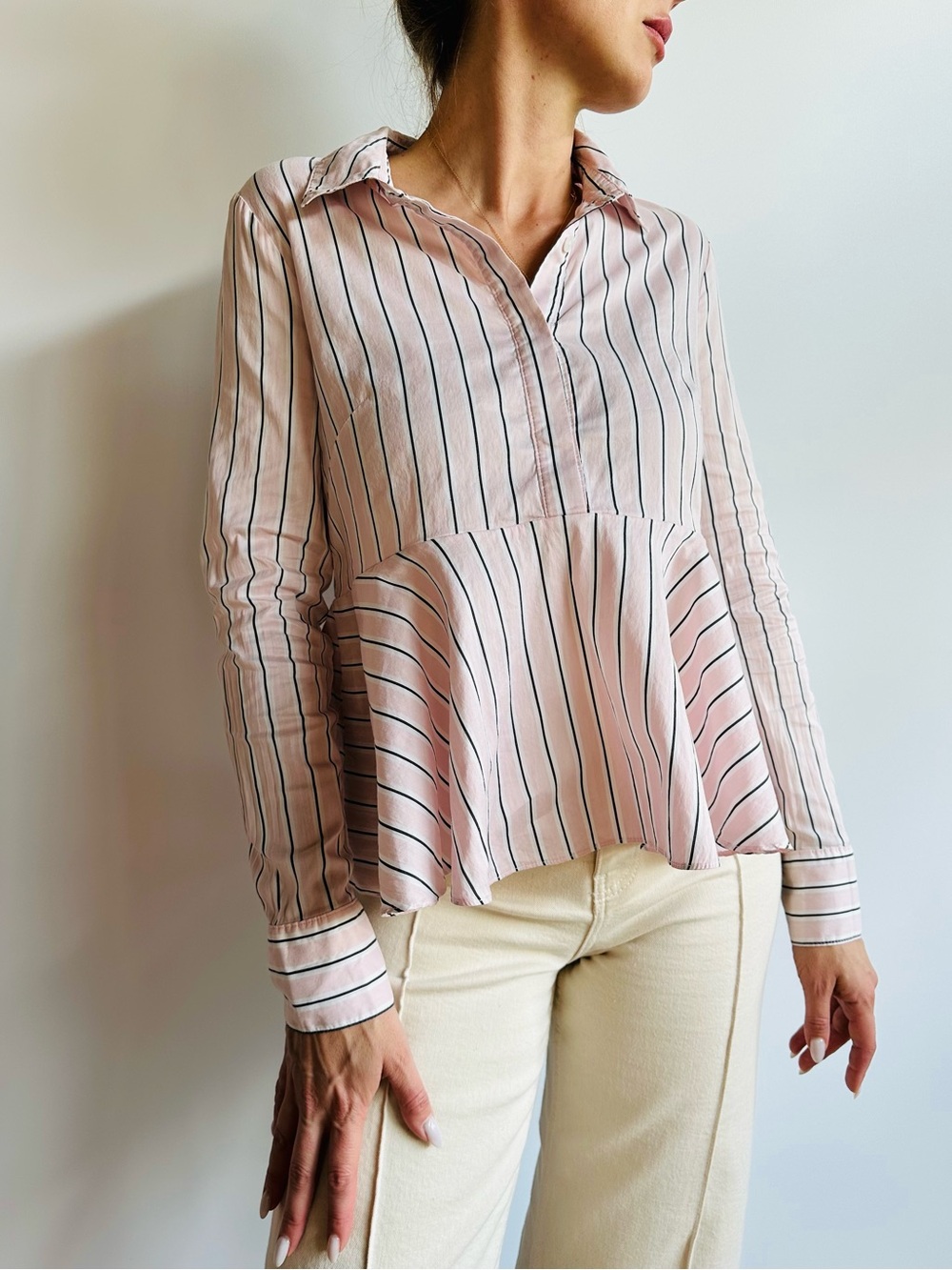 Milly Pink Striped Peplum Cotton Silk Pinstripe Long Sleeve Button Down Shirt